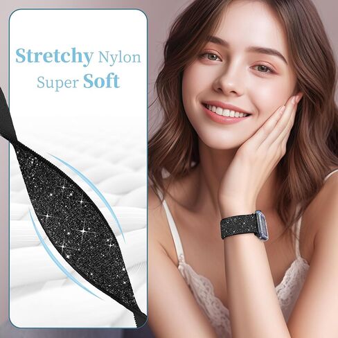 wipalor Bling Stretchy Band with Bling Case Fit Apple Watch Bands for Women 40mm, Elastic Sport Solo Loop iWatch Bands for Cute iPhone Watch Series 6 5 4 SE-Silver Nylon Band+Sparkly Silver Cover in Kuwait