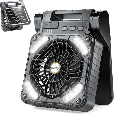 lynker Camping Fan Solar Powered with LED Lantern & Power Bank, Portable Rechargeable Battery Operated, 4 Speeds, 35dB Ultra-Quiet, 8H Timer, Foldable Fan for Tent, RV, Emergency, Hiking (Black) in Saudi Arabia