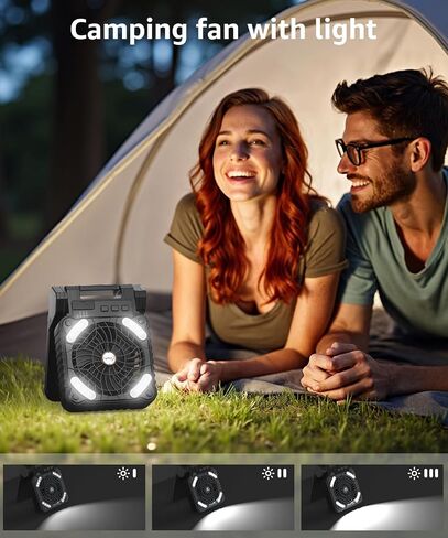 lynker Camping Fan Solar Powered with LED Lantern & Power Bank, Portable Rechargeable Battery Operated, 4 Speeds, 35dB Ultra-Quiet, 8H Timer, Foldable Fan for Tent, RV, Emergency, Hiking (Black) in Saudi Arabia