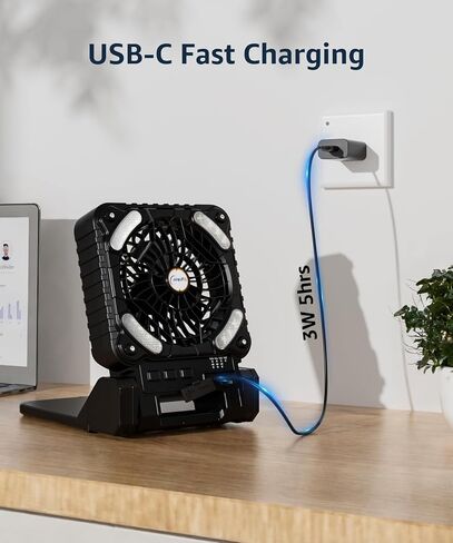 lynker Camping Fan Solar Powered with LED Lantern & Power Bank, Portable Rechargeable Battery Operated, 4 Speeds, 35dB Ultra-Quiet, 8H Timer, Foldable Fan for Tent, RV, Emergency, Hiking (Black) in Saudi Arabia