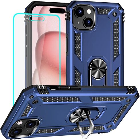 Yiakeng for iPhone 15 Case: iPhone 15 Phone Case with HD Screen Protector - Military Grade Protective Cases with Ring for iPhone 15(Blue) in Saudi Arabia