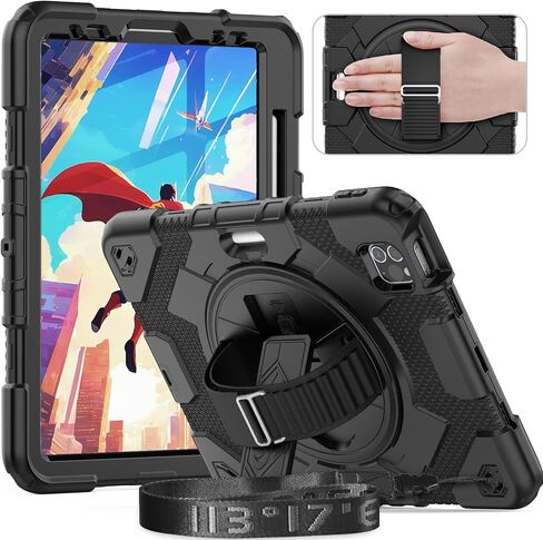 Timecity for iPad Air 5th/ 4th Generation Case 10.9 inch, for iPad Pro 11 inch Case: with Strong Protection, Screen Protector, Hand Strap, Shoulder Strap, 360° Rotating Stand - Black in Saudi Arabia