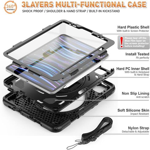 Timecity for iPad Air 5th/ 4th Generation Case 10.9 inch, for iPad Pro 11 inch Case: with Strong Protection, Screen Protector, Hand Strap, Shoulder Strap, 360° Rotating Stand - Black in Saudi Arabia