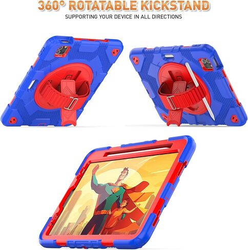 Timecity for iPad Air 5th/ 4th Generation Case 10.9 inch, for iPad Pro 11 inch Case: with Strong Protection, Screen Protector, Hand Strap, Shoulder Strap, 360° Rotating Stand - Black in Kuwait