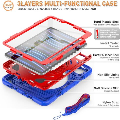 Timecity for iPad Air 5th/ 4th Generation Case 10.9 inch, for iPad Pro 11 inch Case: with Strong Protection, Screen Protector, Hand Strap, Shoulder Strap, 360° Rotating Stand - Black in Kuwait