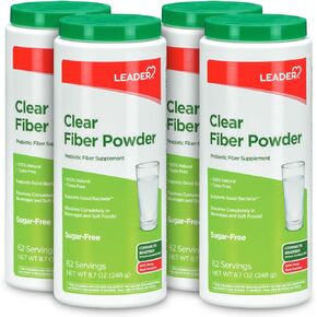 Leader Prebiotic Fiber Supplement Powder for Digestive Health, 100% Natural Daily Fiber Powder, Sugar-Free, Taste-Free, Unflavored, 62 Servings (8.7 OZ), Pack of 4