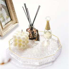 10 Inch Decagon Glass Tray with Gold Rim, Clear Hammered Vanity Makeup Tray with 2" Wall, Thick Decorative Dresser Bathroom Tray Perfume Display Tray Cosmetic Tray for Tabletop Countertop L, Halyuhn