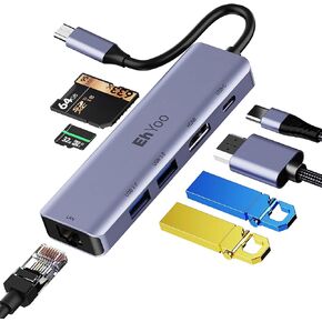 USB C Hub Multiport Adapter,EhYoo 7-in-1 USB-C Hub with 4K/HD 60Hz, RJ45 Ethernet, 60W PD, SD/TF Card Slots, 2X USB 3.0 5Gbps Data Ports, for ROG Ally, Smartphones, MacBook, iPad, Switch, Steam Deck