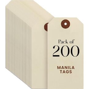 Blank Manila Shipping Tags Set of 200, Size #5, 9pt Paper Cardstock Hang Tag Label with Reinforced Eyelets, 4 3/4"x2 3/8" (No Attachments)