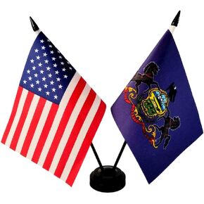 America & Pennsylvania Twin Desk Flag, US Pennsylvania Table Flags, 8 x 5 Inches American & Pennsylvania Deluxe Desk Flag Set - Miniature USA & Pennsylvania Stick Flag with Flag Stand