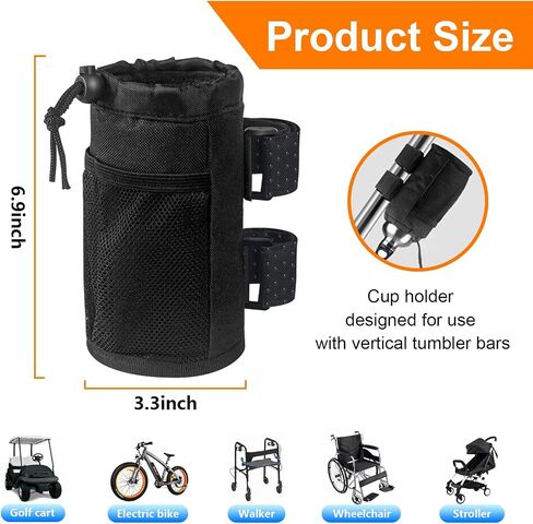 Augeny Bike Cup Holder, Oxford Water Bottle Holder with Mesh Pocket and Cord Lock, Cycling Water Bottle Drink Organizer, Universal Handlebar Accessories for Boat, Scooter, Wheelchair (Black) in Saudi Arabia