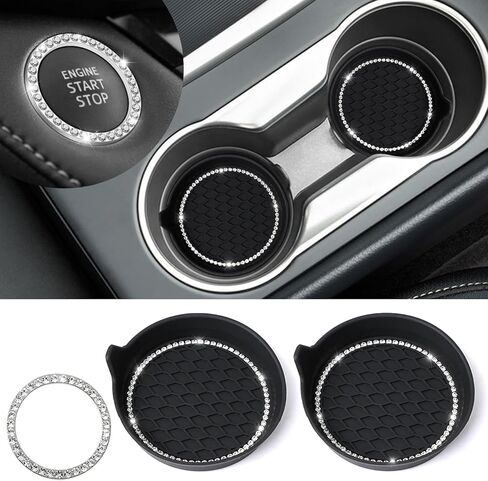 ouzorp 2 حزمة من قواعد أكواب السيارة اللامعة، 1 حزمة زر تشغيل السيارة، مقاومة للماء وغير قابلة للانزلاق ومضادة للانسكاب، قاعدة أكواب للسيارة من حجر الراين الكريستالي اللامع، إكسسوارات داخلية للسيارة - أسود in Kuwait