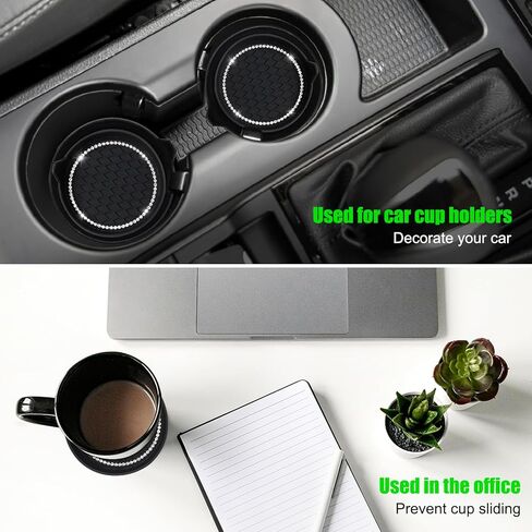 ouzorp 2 حزمة من قواعد أكواب السيارة اللامعة، 1 حزمة زر تشغيل السيارة، مقاومة للماء وغير قابلة للانزلاق ومضادة للانسكاب، قاعدة أكواب للسيارة من حجر الراين الكريستالي اللامع، إكسسوارات داخلية للسيارة - أسود in Kuwait