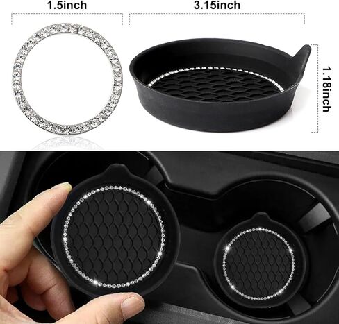 ouzorp 2 حزمة من قواعد أكواب السيارة اللامعة، 1 حزمة زر تشغيل السيارة، مقاومة للماء وغير قابلة للانزلاق ومضادة للانسكاب، قاعدة أكواب للسيارة من حجر الراين الكريستالي اللامع، إكسسوارات داخلية للسيارة - أسود in Kuwait