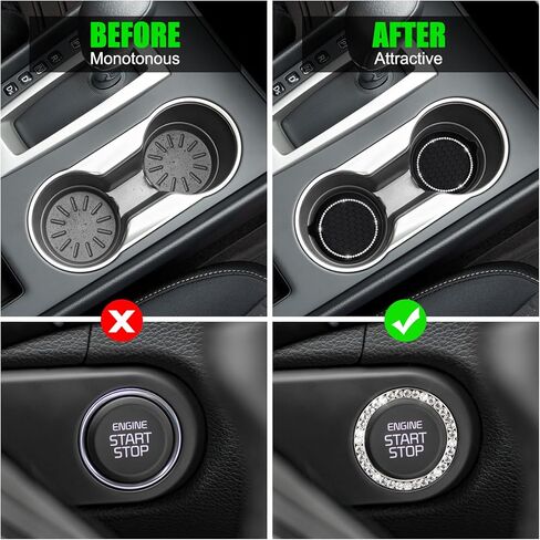 ouzorp 2 حزمة من قواعد أكواب السيارة اللامعة، 1 حزمة زر تشغيل السيارة، مقاومة للماء وغير قابلة للانزلاق ومضادة للانسكاب، قاعدة أكواب للسيارة من حجر الراين الكريستالي اللامع، إكسسوارات داخلية للسيارة - أسود in Kuwait