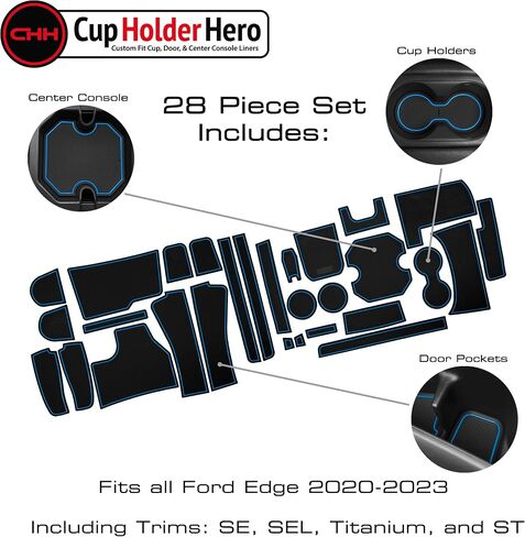 CupHolderHero يناسب ملحقات Ford Edge 2020-2023، حشوات حامل أكواب داخلية فاخرة مضادة للانزلاق ومضادة للغبار، وسجادات بطانة وحدة التحكم المركزية، وبطانات جيب الباب، مجموعة 28 قطعة (زخرفة حمراء) in Saudi Arabia
