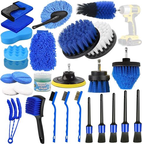 Car Detailing Brushes kit,28Pcs Car Cleaning Drill Brush Set with Detailing Brushes and Microfiber Wash Mitt, Buffing Polishing Sponge Pads,Auto Cleaning Tools Kit for Interior&Exterior, Tire, Wheels in Kuwait
