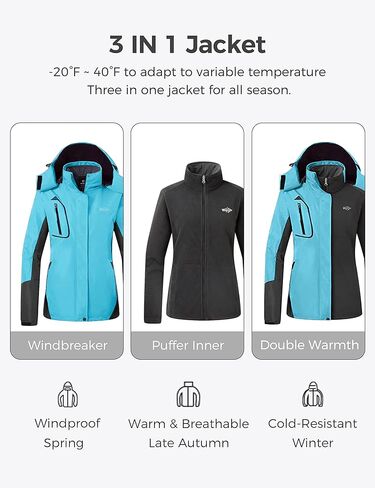 سترة Wantdo النسائية 3 في 1 للتزلج مقاومة للماء للتزلج على الجليد سترة صوفية معزولة معطف شتوي للثلج in Kuwait