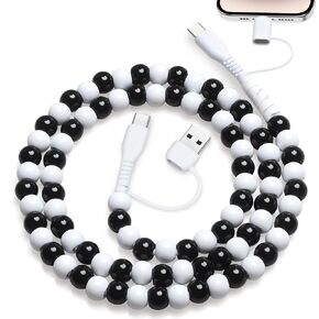 USB Cable for iPhone Beaded Phone Charger Cord 66W Fast Charging 4 in1 USB A to iOS Cable 3.3FT Stylish Durable Beaded Charging Cord for iPhone 16 15 14 for Samsung iPad Airpods，Black White