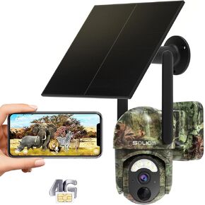 Soliom S50 4G Cellular Trail Camera ، لا توجد كاميرا أمان WiFi WiFi Wireless Outdoor مع لوحة شمسية ، وعرض Pan Tilt 355 ° ، ومحلول HD 2K ، ورؤية ليلية كاملة اللون ، وبطاقة ذاكرة 32 جيجابايت ، و Verizon ، و AT & T & T-Mobile