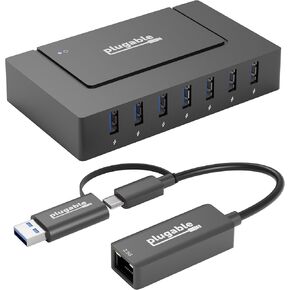 2.5G Ethernet & USB Expansion Bundle: Plugable USB-C to 2.5Gbps Ethernet Adapter + 7-Port USB Hub with 60W Power Adapter | USB-C/USB-A, Fast LAN, High-Speed Data, macOS/Windows/Linux