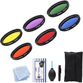 6 pcs Full Color Lens Filter Kit Set with Red Orange Yellow Green Purple Blue Colors + Lens Filter Pouch + Lens Cleaning Tool Kits (62mm)