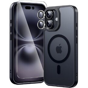 3 في 1 لـ iPhone 16 Plus Case Magnetic مع حامي شاشة 1x + حامي عدسة الكاميرا 1x [حماية من الدرجة العسكرية 16 قدمًا] غطاء غير لامع شفاف لـ iPhone 16 Plus 6.7 "، Black