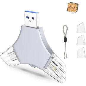 USB 3.0 Flash Drive 64gb for iPhone, 3in1 External Memory Picture Keeper Storage Stick for Photo/Video/Data Saver/Backup, V10.15High Speed Thumb Drives for iPhone/iPad/Android/PC - Platinum