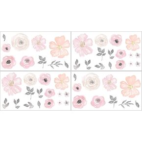 ملصقات جدارية من Sweet JoJo Designs مطبوع عليها Blush Pink وGrey and White Peel and Stick ملصقات فنية لديكور غرفة الأطفال من أجل مجموعة من الزهور بألوان مائية - مجموعة من 4 أوراق