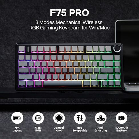 Aula F75 Pro 75 ٪ لوحة مفاتيح ألعاب لاسلكية ، لوحة مفاتيح مخصصة ميكانيكية من طراز Gasket مع حشوة من خمس طبقات ، Bluetooth/2.4 جيجا هرتز/USB-C ، حار Swappable ، Knob ، RGB ، مفاتيح REAPER (التدرج الأسود) in Kuwait