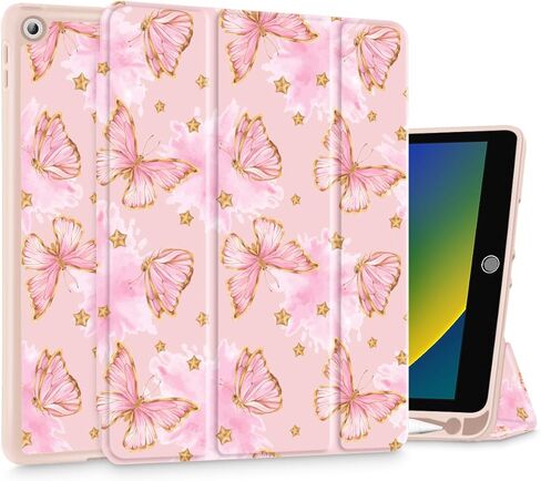 علبة Tuiklol لـ iPad 10.2 بوصة 2021 2020 2018 الإصدار 9th / 8 / 7th ، حامل قلم رصاص مدمج TPU الوقف الواقي من Trifold Stand-Auto Wake / Sleep ، أقواس بيضاء وردية اللون in Kuwait