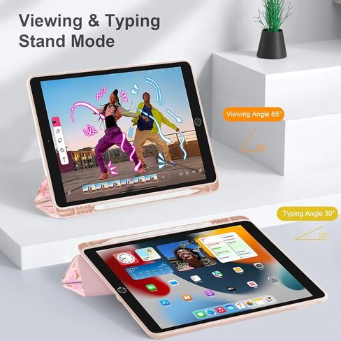 علبة Tuiklol لـ iPad 10.2 بوصة 2021 2020 2018 الإصدار 9th / 8 / 7th ، حامل قلم رصاص مدمج TPU الوقف الواقي من Trifold Stand-Auto Wake / Sleep ، أقواس بيضاء وردية اللون in Kuwait