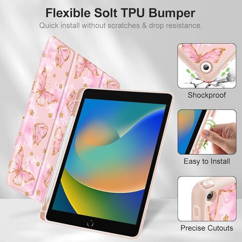 علبة Tuiklol لـ iPad 10.2 بوصة 2021 2020 2018 الإصدار 9th / 8 / 7th ، حامل قلم رصاص مدمج TPU الوقف الواقي من Trifold Stand-Auto Wake / Sleep ، أقواس بيضاء وردية اللون in Kuwait