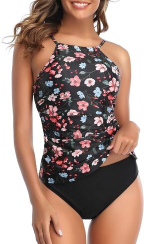 Tempt Me Women Red Floral Two Piece High Neck Tankini Swimsuit Tummy Control Top with Black Bottom Bathing Suits XS in Saudi Arabia