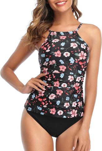 Tempt Me Women Red Floral Two Piece High Neck Tankini Swimsuit Tummy Control Top with Black Bottom Bathing Suits XS in Saudi Arabia