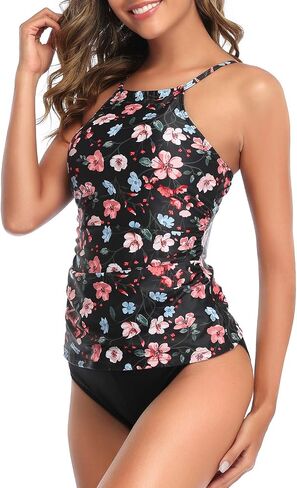 Tempt Me Women Red Floral Two Piece High Neck Tankini Swimsuit Tummy Control Top with Black Bottom Bathing Suits XS in Saudi Arabia