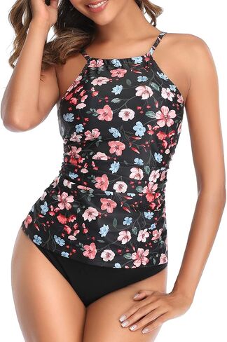 Tempt Me Women Red Floral Two Piece High Neck Tankini Swimsuit Tummy Control Top with Black Bottom Bathing Suits XS in Saudi Arabia