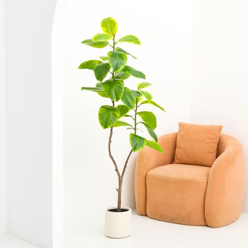 Leaf Fig Tree, Premium Artificial Indoor Plant Stands 4TF Tall, Lifelike-Leaves & Hand Painted Trunk Faux-Fiddle Leaf Fig Tree Appearance, White Planter Pot Included in Saudi Arabia
