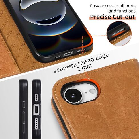 حقيبة محفظة فيلول لـ iPhone 16E ، علبة ورقة مغناطيسية من الجلد الأصلي مع 3 فتحات بطاقات Kickstand Flip Phone Cover متوافقة مع iPhone 16e 6.1 "-Tan in Kuwait