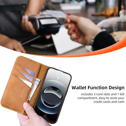 حقيبة محفظة فيلول لـ iPhone 16E ، علبة ورقة مغناطيسية من الجلد الأصلي مع 3 فتحات بطاقات Kickstand Flip Phone Cover متوافقة مع iPhone 16e 6.1 "-Tan in Kuwait