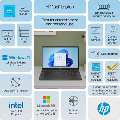 HP 15.6 Protable HD Laptop Student Computer ، Intel Quad-Core Pentium N200 ، RAM 16GB ، تخزين 256 جيجا بايت (بطاقة 128GB SSD+128GB SD) ، 1 سنة Microsoft 365 ، Fast Charg in Kuwait