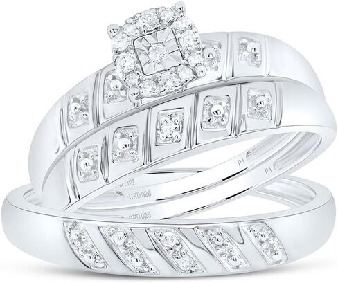 His and Hers Bridal Womens and Mens Engagment and Wedding Band Complete Trio Matching Wedding Rings Set 925 Sterling Silver Round Diamond Cluster 1/10 Cttw in Saudi Arabia