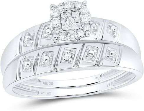 His and Hers Bridal Womens and Mens Engagment and Wedding Band Complete Trio Matching Wedding Rings Set 925 Sterling Silver Round Diamond Cluster 1/10 Cttw in Saudi Arabia