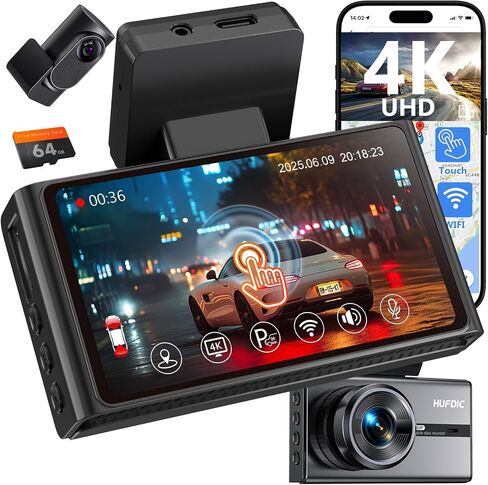4K Dash Cam Front and Rear,WiFi Car Camera with 64GB Card,4K+1080P Dash Camera for Cars, Dual Dashcam, G-Sensor, 24/7 Parking Mode, 3'' IPS Screen, Loop Recording in Saudi Arabia