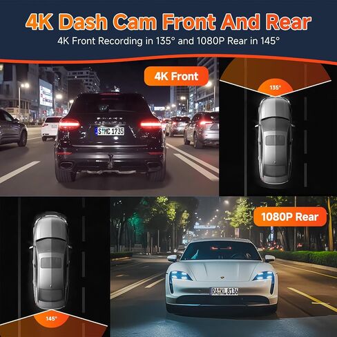 4K Dash Cam Front and Rear,WiFi Car Camera with 64GB Card,4K+1080P Dash Camera for Cars, Dual Dashcam, G-Sensor, 24/7 Parking Mode, 3'' IPS Screen, Loop Recording in Saudi Arabia