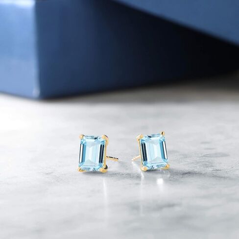 Gem Stone King 14K Yellow Gold Blue Sapphire Stud Earrings For Women (3.12 Cttw, Gemstone September Birthstone, Emerald Cut 7X5MM) in Saudi Arabia
