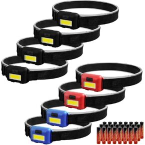 8 Pack LED Headlamps, COB Flood Light, 3 Modes, Waterproof, 24 AAA Batteries Included