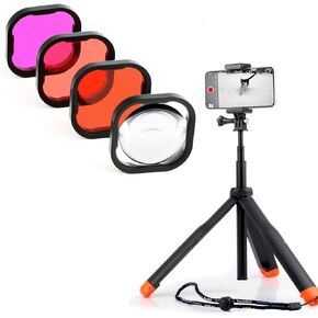 4 Pack Underwater Dive Filters for GoPro Hero 8 9 10 11 12 13 Black Official Waterproof Housing Case, Floating Tripod, Hand Grip, Selfie Stick,Tripod Stand