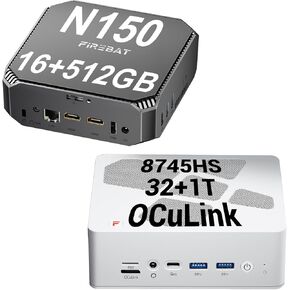 AMD Mini PC مع طراز Oculink A8 (White ، Ryzen7 8745HS CPU ، 4.9 جيجا هرتز ، ذاكرة الوصول العشوائي 32 جيجا بايت ، 1 تيرابايت SSD) ونموذج AK2 (Drak Gray ، N150 CPU ، 3.6GHz ، 16GB RAM ، 512GB SSD)