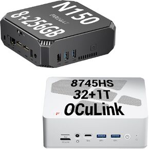 AMD MINI PC مع نموذج OCULINK A8 (White ، Ryzen7 8745H مع نموذج Oculink A8 (White ، Ryzen7 8745HS CPU ، 4.9GHz ، 32GB RAM ، 1TB SSD) و AK2 (Drak Gray ، N150 CPU ، 3.6GHz ، 8GB RAM ، 256GB SSD SSD)